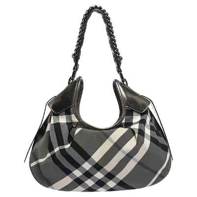 Pre-owned Burberry Grey/metallic Beat Check Nylon And Patent Leather Small Brooklyn Hobo