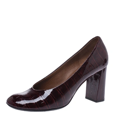 Pre-owned Marc By Marc Jacobs Burgundy Croc Embossed Patent Leather Block Heel Pumps Size 38.5