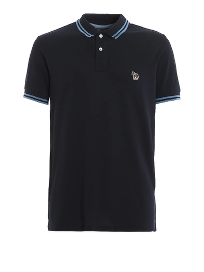 Paul Smith Pique Polo With Patch And Striped Trims In Blue