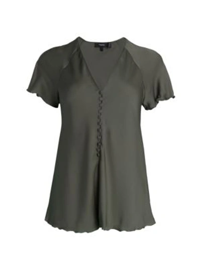 Theory Button-front Silk Top In Green