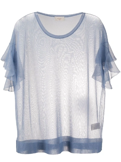 Altea Ruffled Sleeve Fine-knit T-shirt In Blue