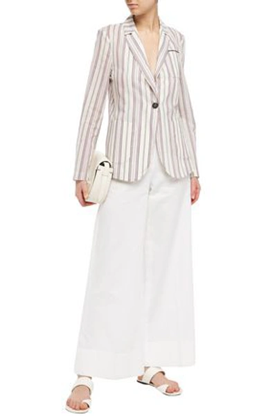 Brunello Cucinelli Bead-embellished Striped Cotton And Silk-blend Blazer In Neutral