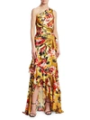 THEIA ONE-SHOULDER RUCHED SILK FLORAL COLUMN GOWN,0400012606991