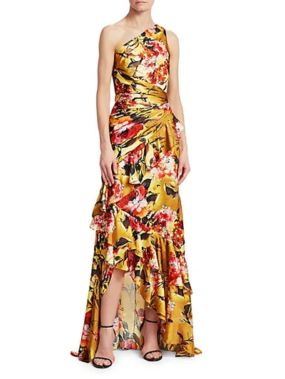 Theia Women's One-shoulder Ruched Silk Floral Column Gown In Chamomile