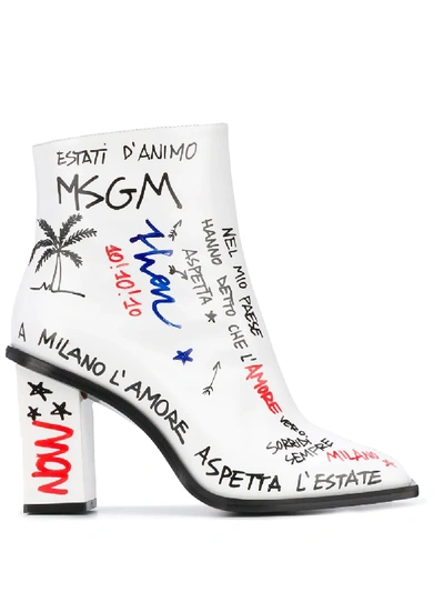 Msgm Graffiti Print Ankle Boots In White