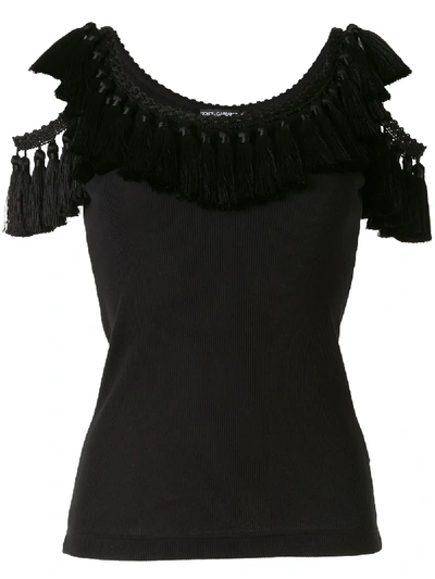 Dolce & Gabbana Cold Shoulder Tassel Trim Vest In Black