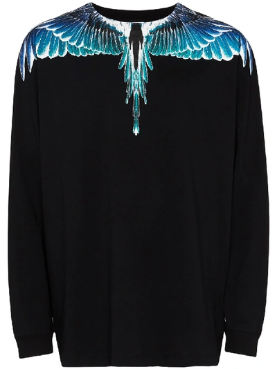 Marcelo Burlon County Of Milan Wings Print L/s Cotton Jersey T-shirt In Black