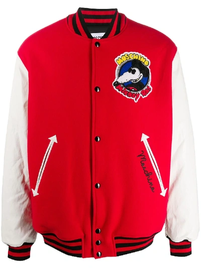 Moschino Mickey Rat Patch Bomber Jacket In Red