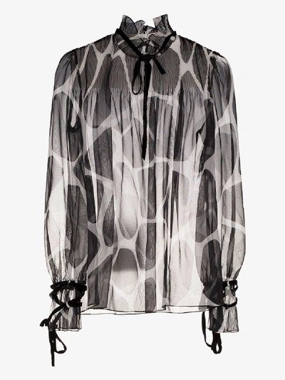 Valentino Giraffe Print Chiffon Blouse In Black