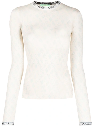 Aries Monogram Long-sleeved Tulle Top In Neutrals