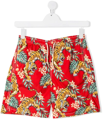 Mc2 Saint Barth Teen Tiger Print Swim Shorts In Red