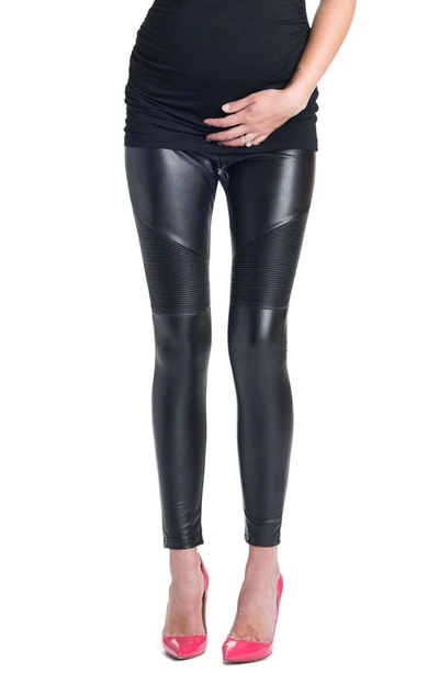 Preggo Leggings Rockstar Mamacita Moto Faux Maternity Leggings In Black