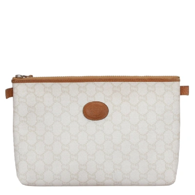 Pre-owned Gucci White Gg Plus Canvas Clutch Bag In Brown