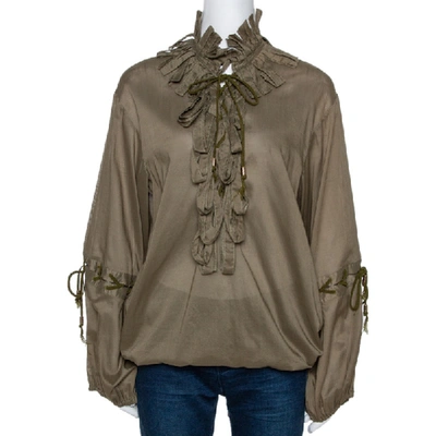 Pre-owned Roberto Cavalli Olive Green Cotton Ruffled Long Sleeve Top M