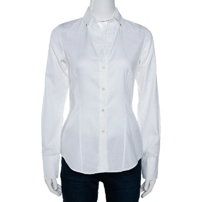 Pre-owned Ch Carolina Herrera White Cotton Jacquard Logo Pattern Button Front Shirt S