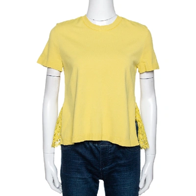 Pre-owned Valentino Yellow Knit & Lace Short Sleeve Top M
