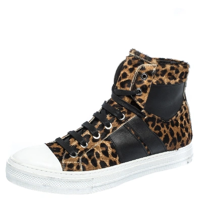 Pre-owned Amiri Brown/black Leopard Print Calfhair And Leather Sunset High Top Trainers Size 40