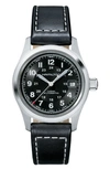 Hamilton Men's Swiss Automatic Khaki Field Black Leather Strap Watch 38mm In Black/ Silver