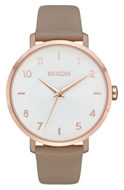 Nixon The Arrow Leather Strap Watch, 38mm In Grey/ White/ Rose Gold