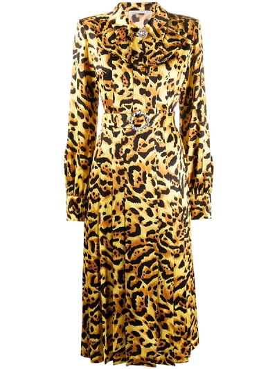 Alessandra Rich Leopard-print Pleated Dress In Brown
