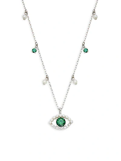 Swarovski Luckily White Rhodium-plated Green  Crystal & Crystal Pearl Evil-eye Pendant Necklace