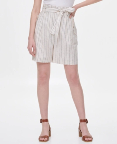 Calvin Klein Striped Tie-waist Linen Shorts In Natural