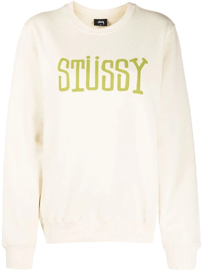 Stussy Logo-print Crew Neck Sweatshirt In Neutrals