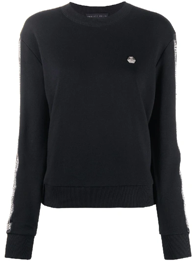 Philipp Plein Rhinestone-embellished Stripe Sweatshirt In Black