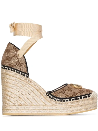 Gucci Beige Pilar 85 Logo Espadrille Wedge Sandals