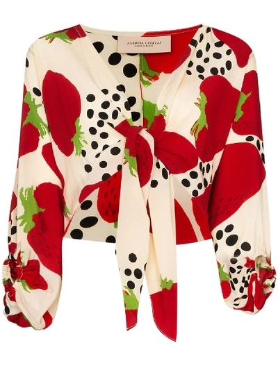 Adriana Degreas Strawberry Print Tie Front Silk Blouse In Red