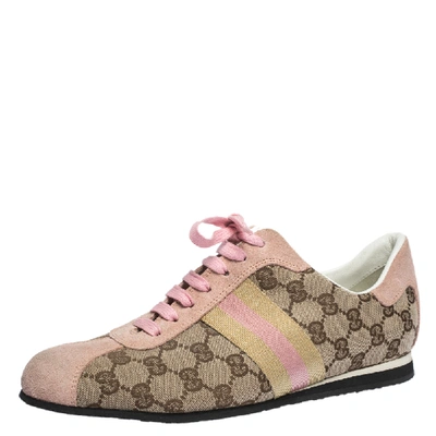 Pre-owned Gucci Beige Gg Monogram Canvas And Pink Suede Web Lace Up Sneakers Size 40