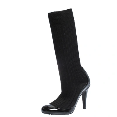 Pre-owned Chanel Black Patent Leather And Sock Knee Boots Size 38.5