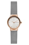 Skagen Freja Crystal Accent Mesh Strap Watch, 26mm In Silver/ White/ Rose Gold