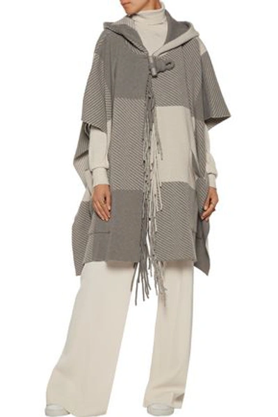 Chloé Fringed Intarsia Wool-blend Hooded Cape In Light Gray