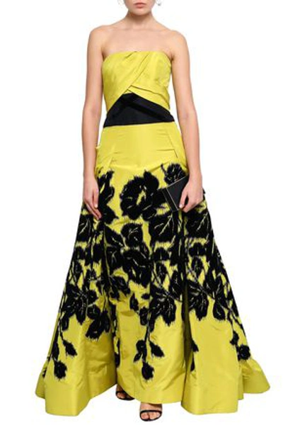 Carolina Herrera Strapless Flocked Printed Silk-faille Gown In Multi