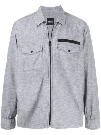 Hugo Boss Crinkled Effect Zipped Shirt Jacket In Black