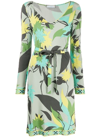 Pre-owned Emilio Pucci Leaves Print Tied-waist Dress In Green