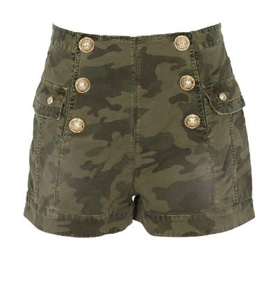 Balmain Button-embellished Camouflage-print Cotton-blend Shorts In Green