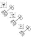 ESSENTIALS 3-PC. SET SILVER PLATED SQUARE CUBIC ZIRCONIA STUD EARRINGS