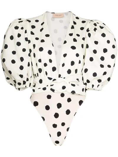 Adriana Degreas Puffed-sleeve Polka-dot Cotton-blend Bodysuit In White