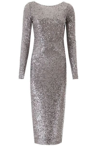 In The Mood For Love Sequined Round Neck Midi Dress In Silver,grey