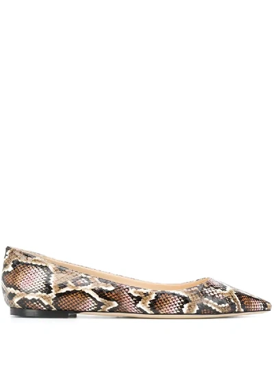 Jimmy Choo Romy Snake-effect Leather Point-toe Flats In Neutrals