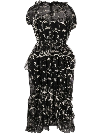 Simone Rocha Ruffle Trim Floral Embroidered Dress In Black/multi