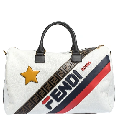 Pre-owned Fendi White Leather Logo Mania Weekender Bag