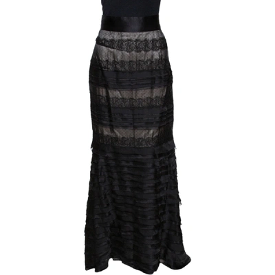 Pre-owned Ch Carolina Herrera Black Silk Lace Trim Layered Maxi Skirt M