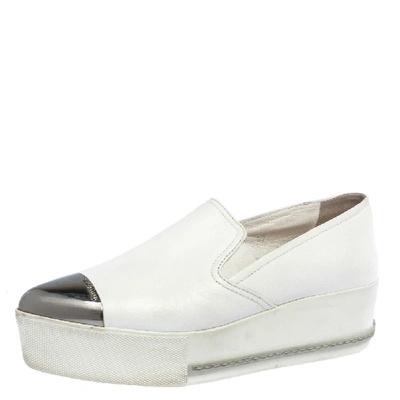 Pre-owned Miu Miu White Leather Metal Cap Toe Platform Slip On Trainers Size 37