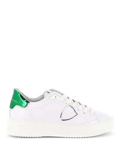 Philippe Model Temple Sneaker Made Of White Leather With Shiny Green Spoiler