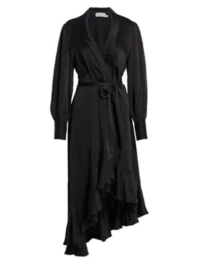 Zimmermann Super 8 Midi Silk Wrap Dress In Black