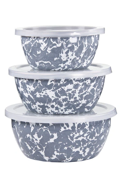 Golden Rabbit Enamelware Set Of 3 Nesting Bowls In Grey Swirl