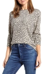Loveappella Brushed Leopard Print Long Sleeve Crewneck Top In Ivory/ Charcoal Leopard